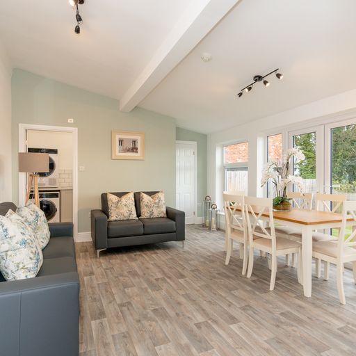 Calm, bright open-plan living and dining space